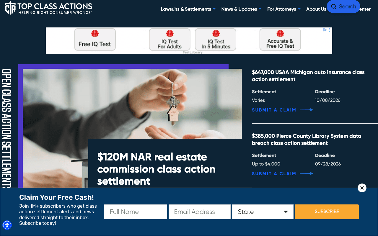 The Top Class Actions open class action settlements page, showing a list of settlements with deadlines and Submit A Claim links that lead to external administrator sites, a banner ad above the list, and an email signup overlay reading Claim Your Free Cash covering the lower part of the page.