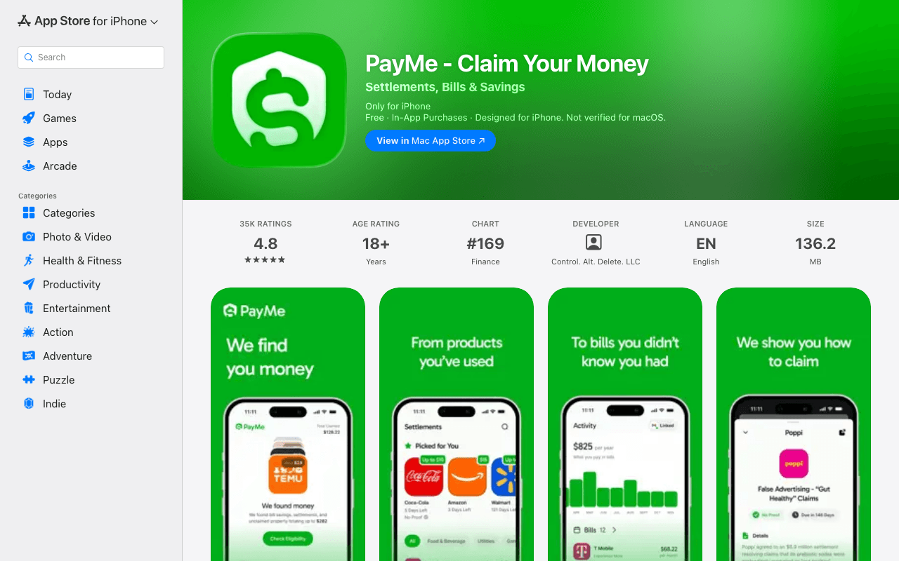 The App Store listing for PayMe - Claim Your Money, subtitled Settlements, Bills and Savings. It shows Only for iPhone, Free with In-App Purchases, a 4.8 rating across 35K ratings, developer Control. Alt. Delete. LLC, and screenshots headlined We find you money, From products you have used, To bills you didn't know you had, and We show you how to claim.