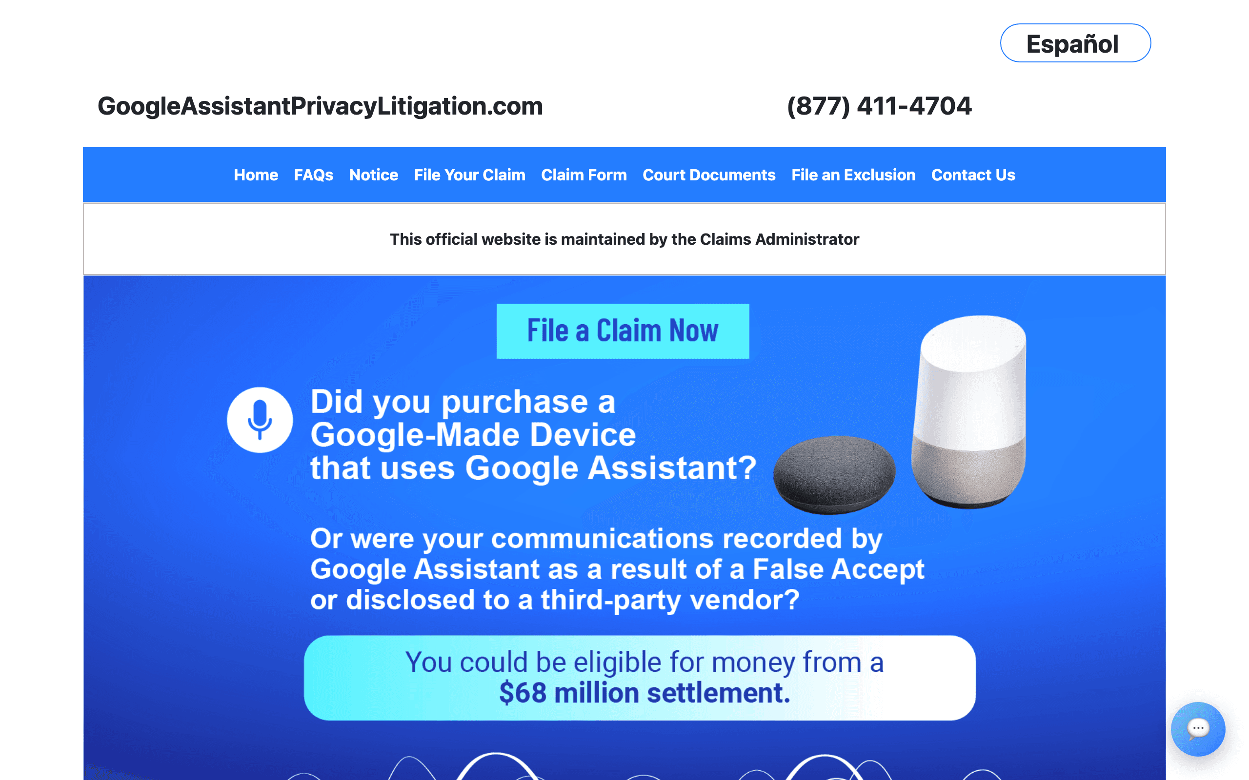 The Google Assistant Privacy Litigation settlement website, headed by a banner reading that the official website is maintained by the claims administrator, asking whether the visitor purchased a Google-made device, and citing a $68 million settlement.