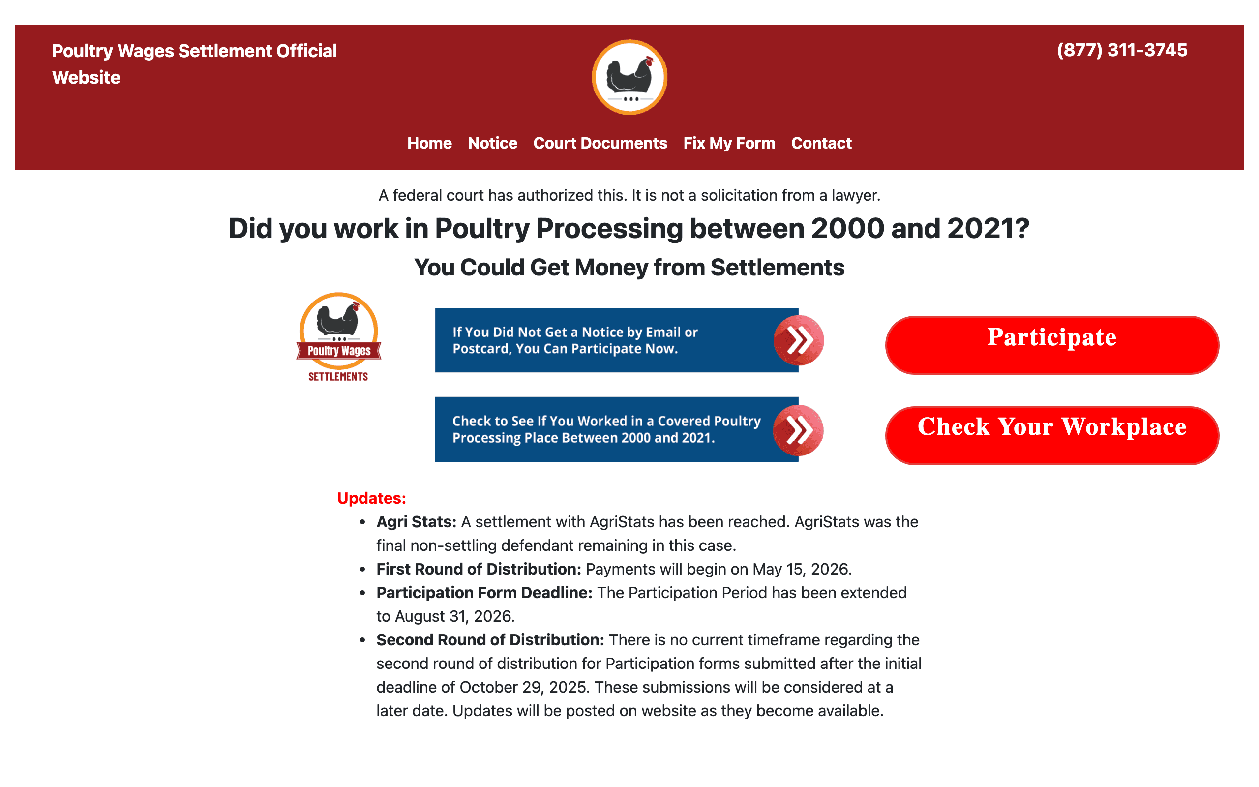 The Poultry Wages Settlement website, an official claims administrator site for a wage-fixing class action affecting poultry plant workers.