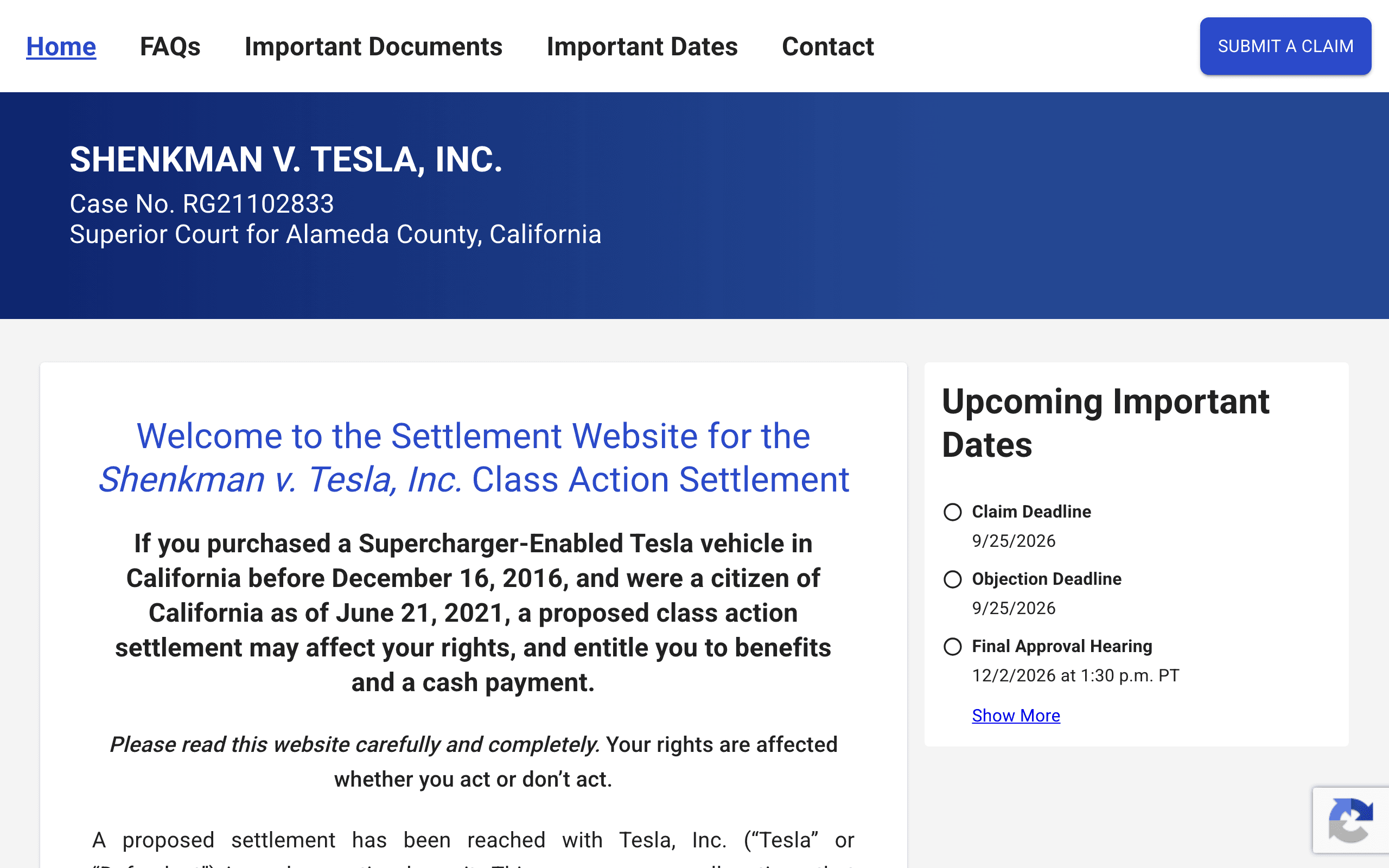 The settlement website for Shenkman v. Tesla, Inc., a class action over Supercharger idle fees.