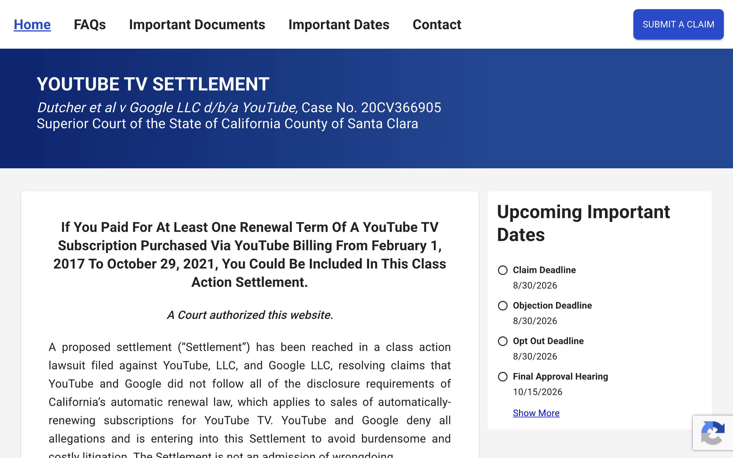 The court-authorized YouTube TV settlement website, showing the class definition for anyone who paid for a renewal term between February 2017 and October 2021, alongside the claim, objection, and opt-out deadlines.
