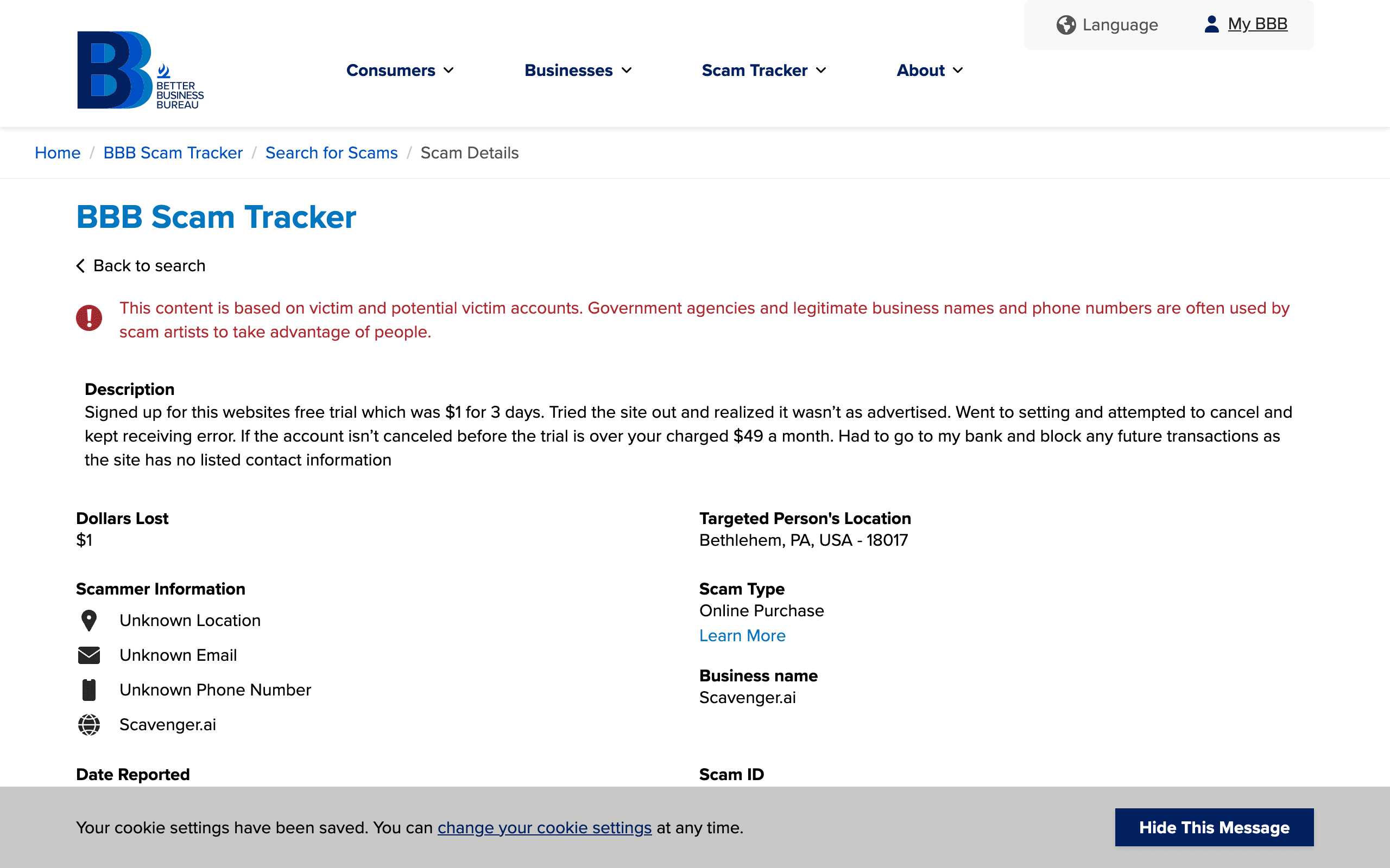 A BBB Scam Tracker record for the business name Scavenger.ai, categorized as an Online Purchase scam. The description reports signing up for a $1 three-day trial, hitting an error when trying to cancel in settings, a $49 monthly charge if the trial is not canceled, and blocking future transactions through the bank. Dollars lost is listed as $1. A red banner notes the content is based on victim and potential victim accounts.