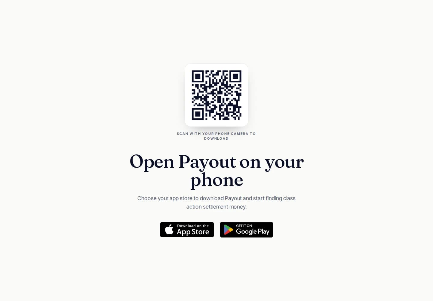 Payout download page with a phone-camera QR code and separate App Store and Google Play buttons